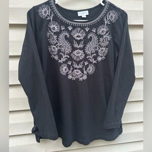 J Jill size MP black embroidered boho popover cotton blend top